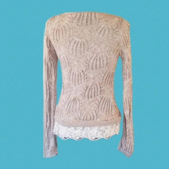 Lace Trim Tan Knit Sweater, S - Picture 2 of 2